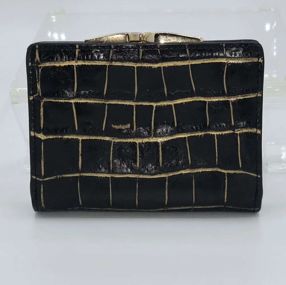 Alligator Leather Kisslock Wallet Abas Black Gold Tone Vintage Luxury